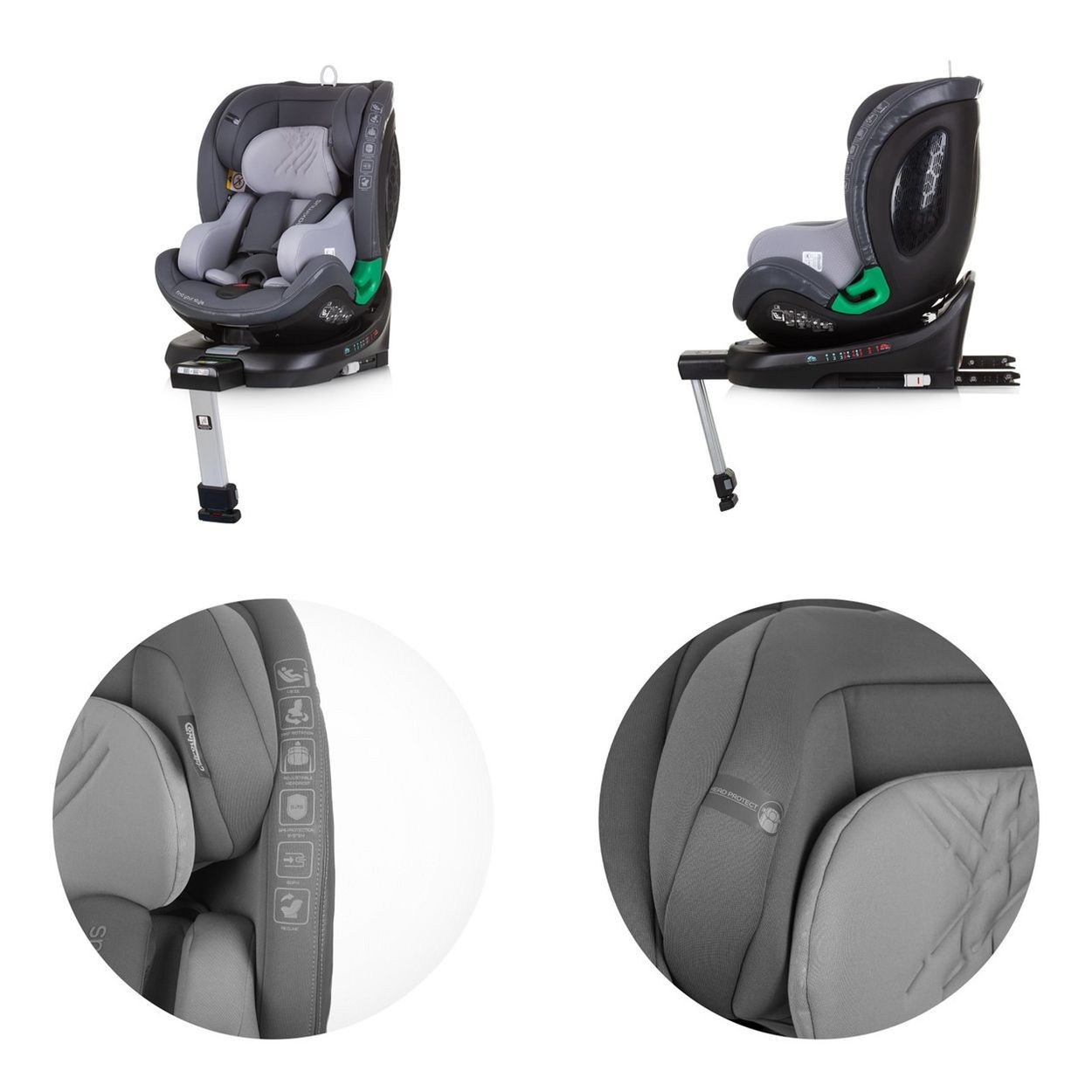 Grauer Kindersitz mit verstellbarer Kopfstütze und integrierten Gurten, Logo "i-SIZE".