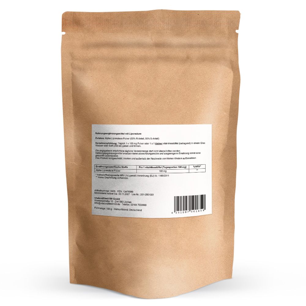 Rückseite einer braunen Tüte. Weißes Etikett mit Text und Barcode. Enthält Informationen zum Produkt Alpha Liponsäure.