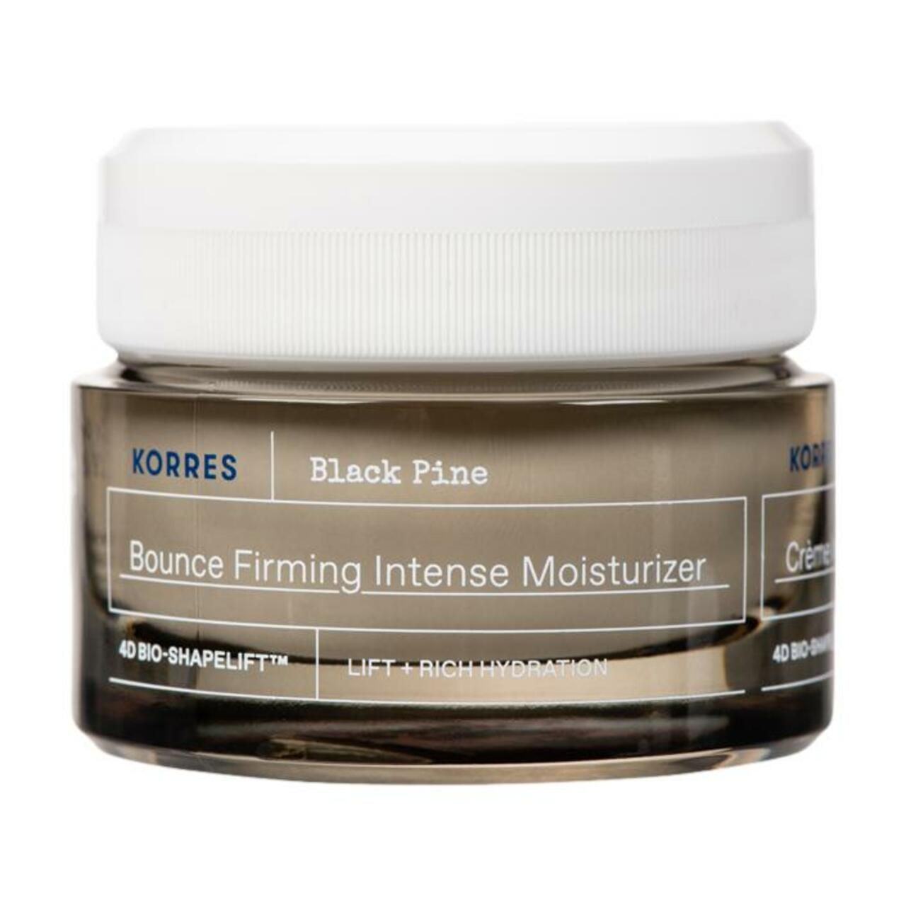Glasbehälter mit weißem Deckel. Aufschrift: KORRES, Black Pine, Bounce Firming Intense Moisturizer.
