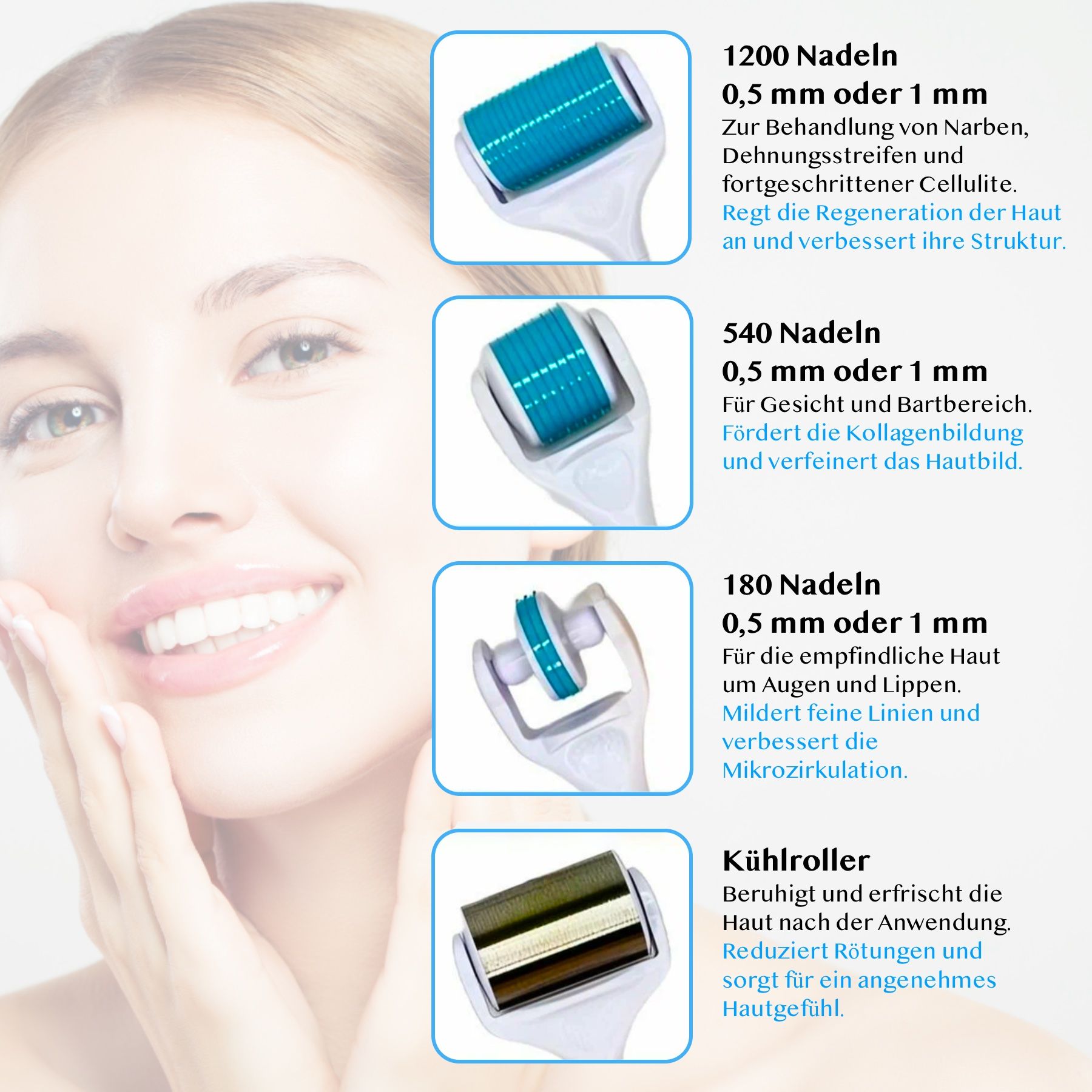 Gesicht einer Frau mit Diagrammen, die verschiedene Derma-Roller-Aufsätze und ihre Anwendungen zeigen. Text: 0,5 mm oder 1 mm.