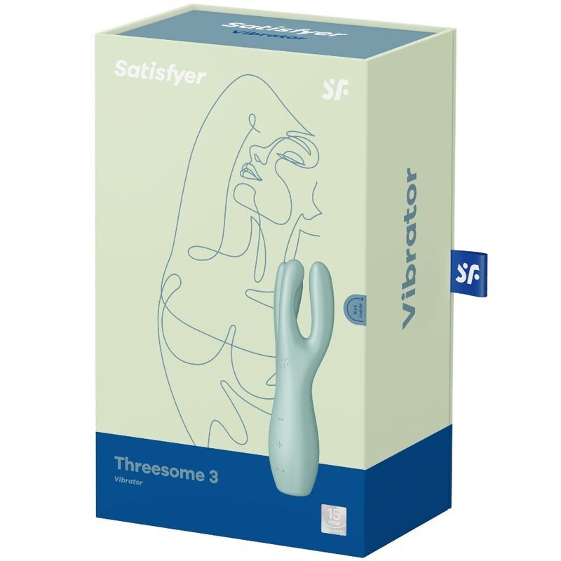 Hellblauer Auflegevibrator in Verpackung. Verpackung mit Produktabbildung, Schriftzug "Satisfyer" und "Threesome 3".