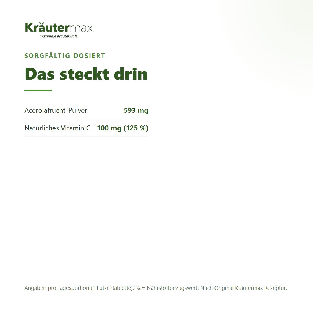 Informationen zu Inhaltsstoffen: Acerolafrucht-Pulver 593 mg, Natürliches Vitamin C 100 mg.