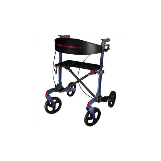 Rollator, blaues Gestell, schwarze Sitzfläche, vier Räder. REHAFORUM Schriftzug auf der Rückenlehne.