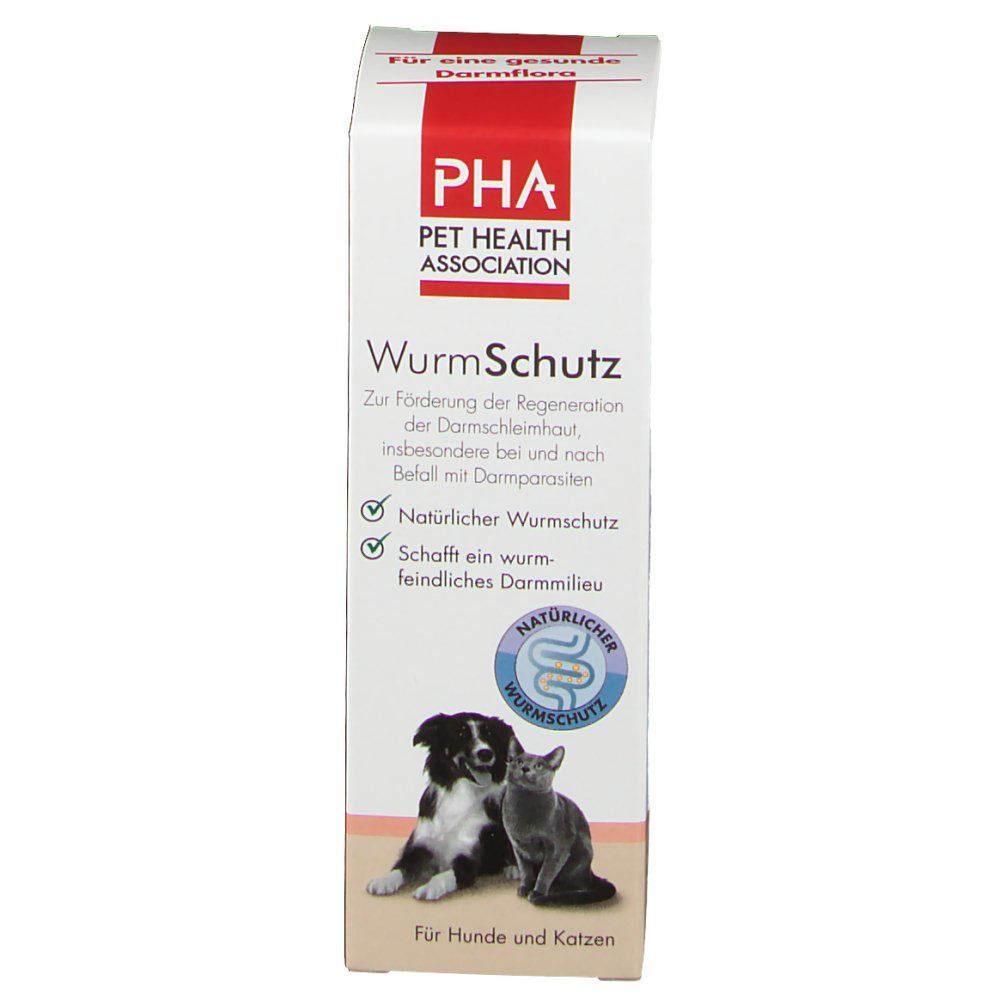 Produktverpackung mit Logo und Text. PHA Wurm Schutz, für Hunde und Katzen. Abbildung: Hund und Katze. Text: Natürlicher Wurmschutz.