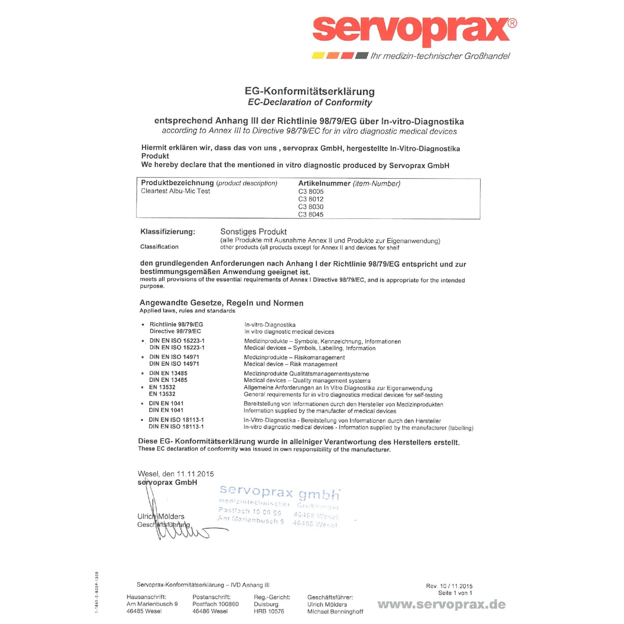 EG-Konformitätserklärung für In-vitro-Diagnostika. Hersteller: servoprax GmbH. Enthält Produktbeschreibung, Artikelnummern und Normen.
