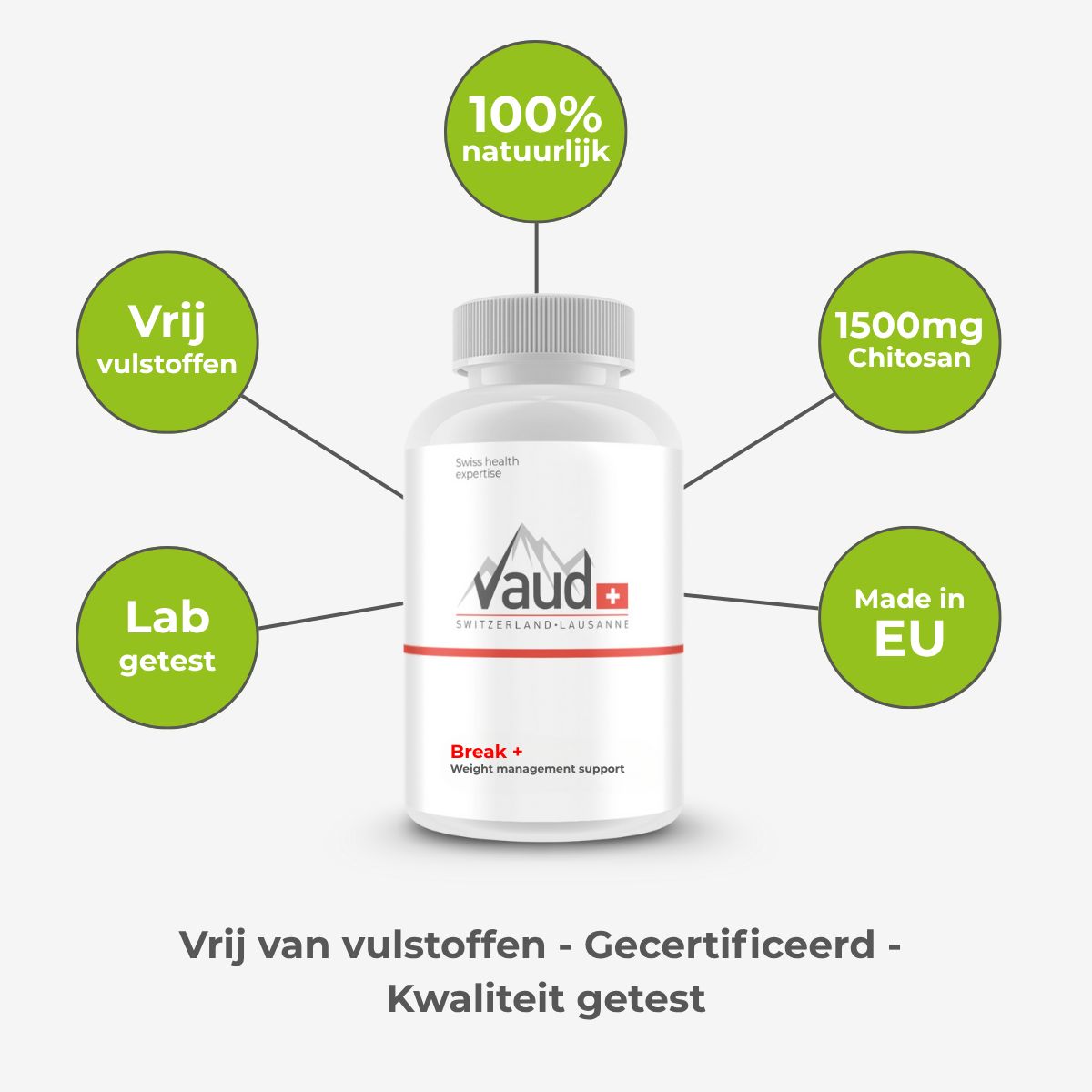 Witte fles met capsules. Vaud Break, Zwitserland. Tekst: 100% natuurlijk, 1500mg Chitosane.