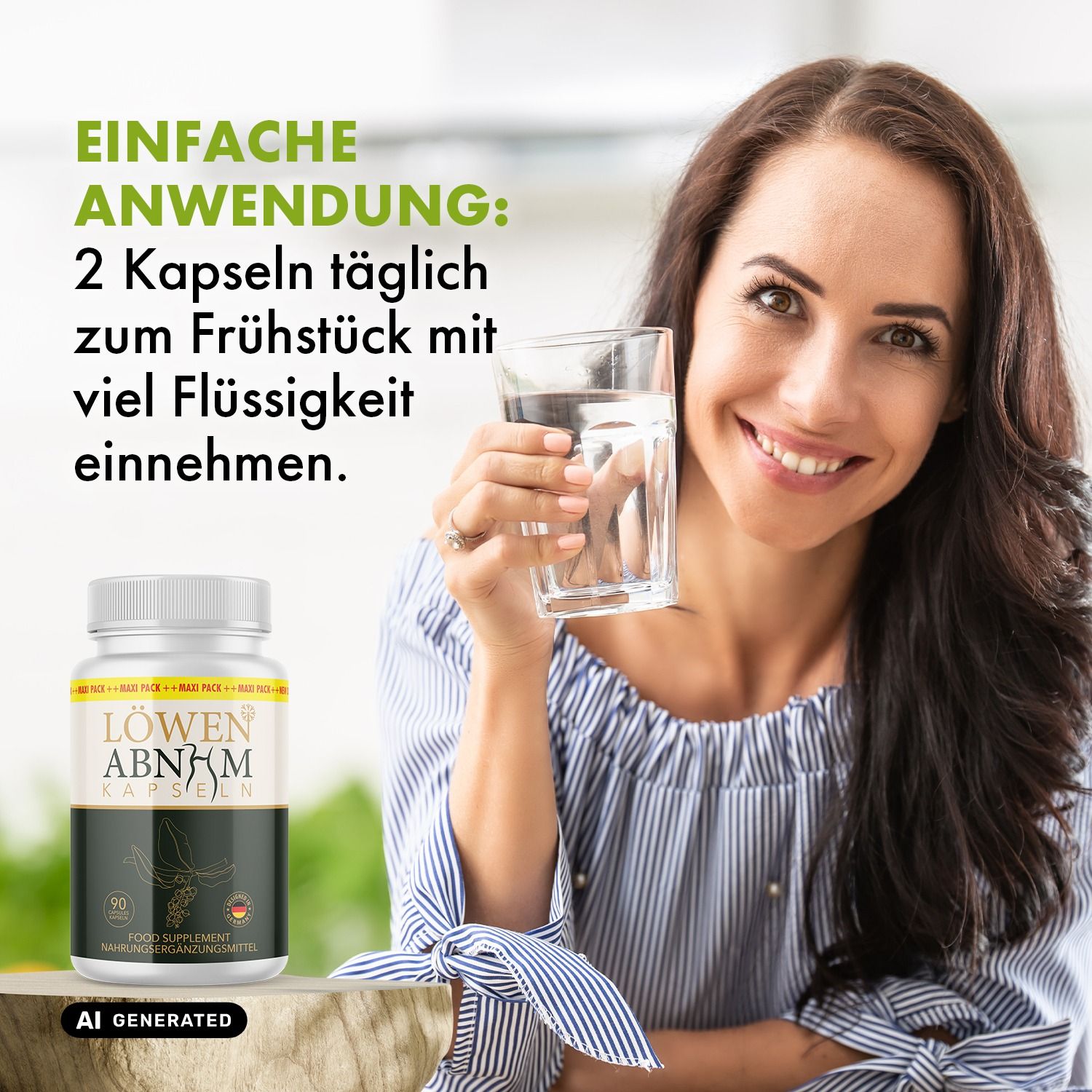 LÖWEN Abnehmkapseln Dose neben lächelnder Frau mit Wasserglas. Einfache Anwendung: 2 Kapseln täglich.