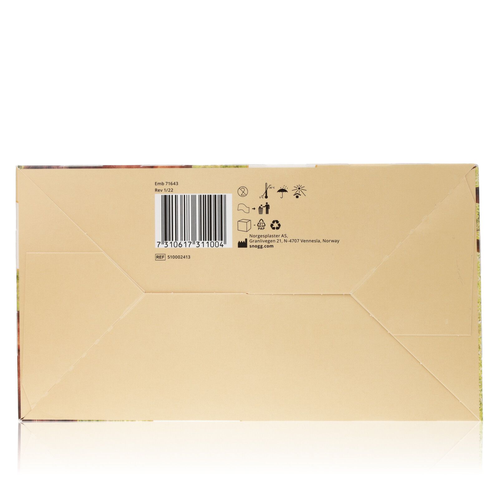 Unterseite einer Snögg Animal Polster Verpackung. Barcode, Text und Symbole. Beige Farbe.