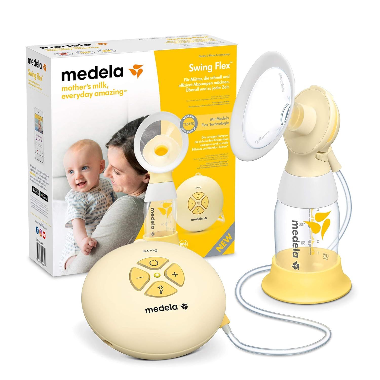 Elektrische Milchpumpe mit Zubehör und Verpackung. Gelb-weißes Design. Auf der Verpackung sind ein Baby und eine Frau abgebildet.