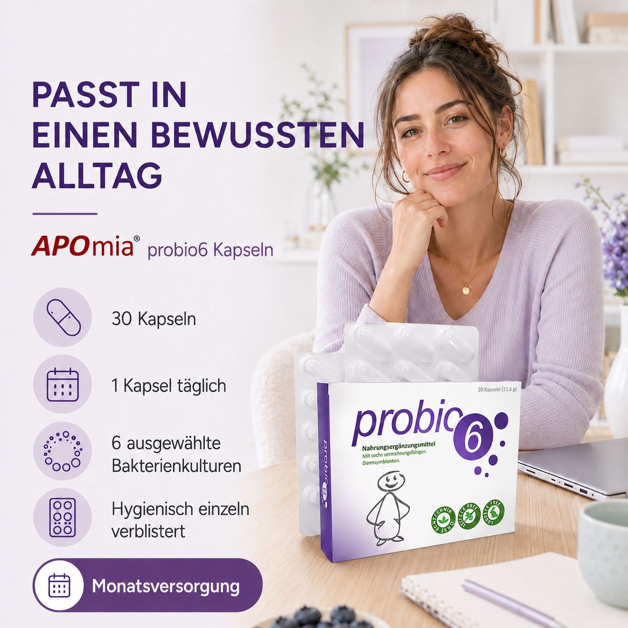 Frau lächelt, neben probio6 Kapsel-Verpackung und Informationen zur Integration in den Alltag.