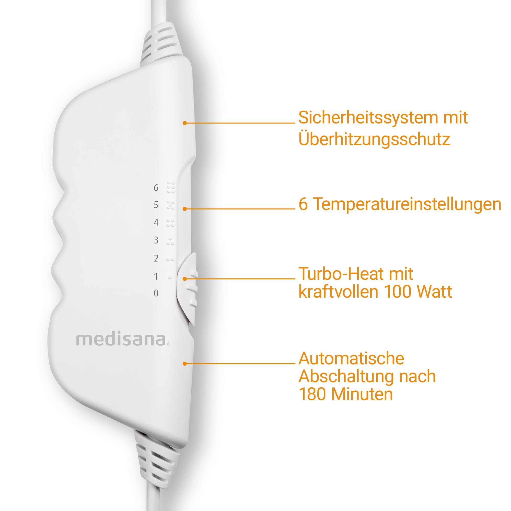 Bedienelement eines medisana Heizbetts mit 6 Temperatureinstellungen, Turbo-Heat, 100 Watt und 180 Minuten Abschaltautomatik.