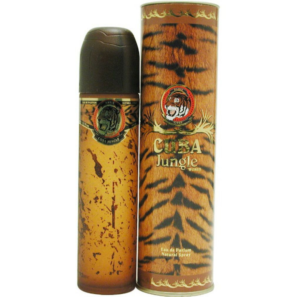 Parfumspray mit brauner Kappe und Tigerfellmuster-Verpackung. Aufschrift: Cuba Jungle. Eau de Parfum.