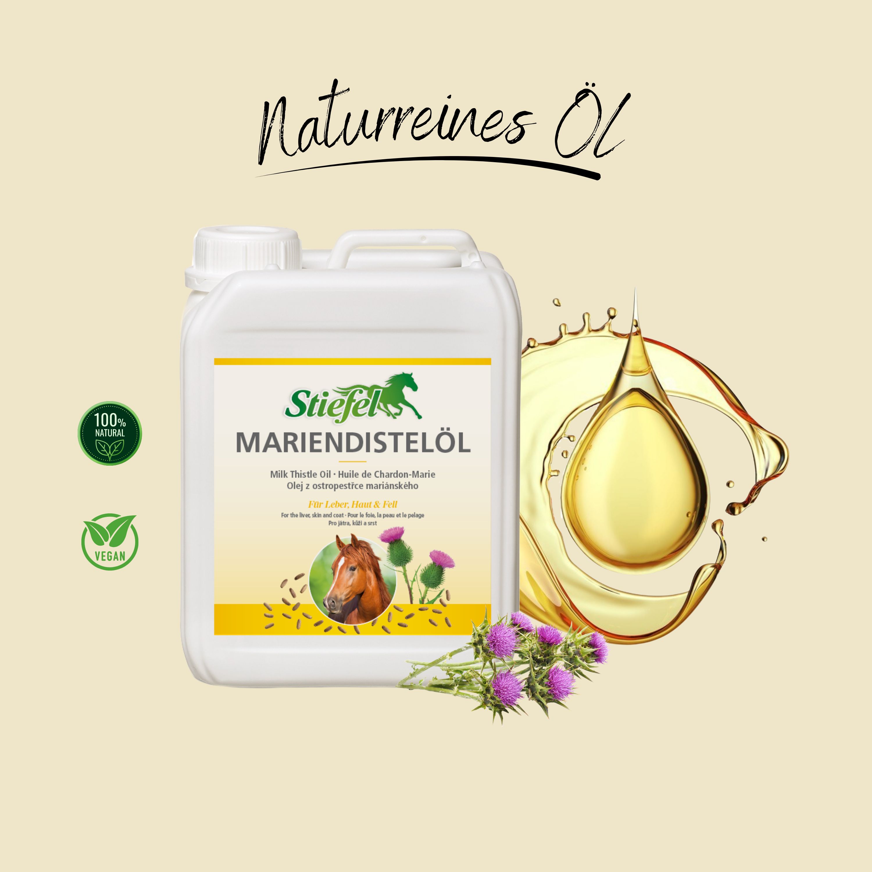 Weißer Kanister mit Produktetikett. Mariendistelöl, Tropfen und Distelblüten. Vegan-Siegel.