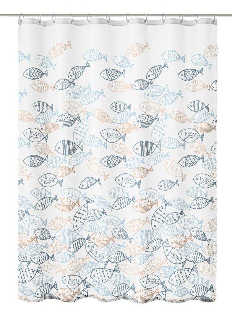 Duschvorhang mit Fischmuster in Blau-, Beige- und Grautönen. Textil, 180x200 cm.