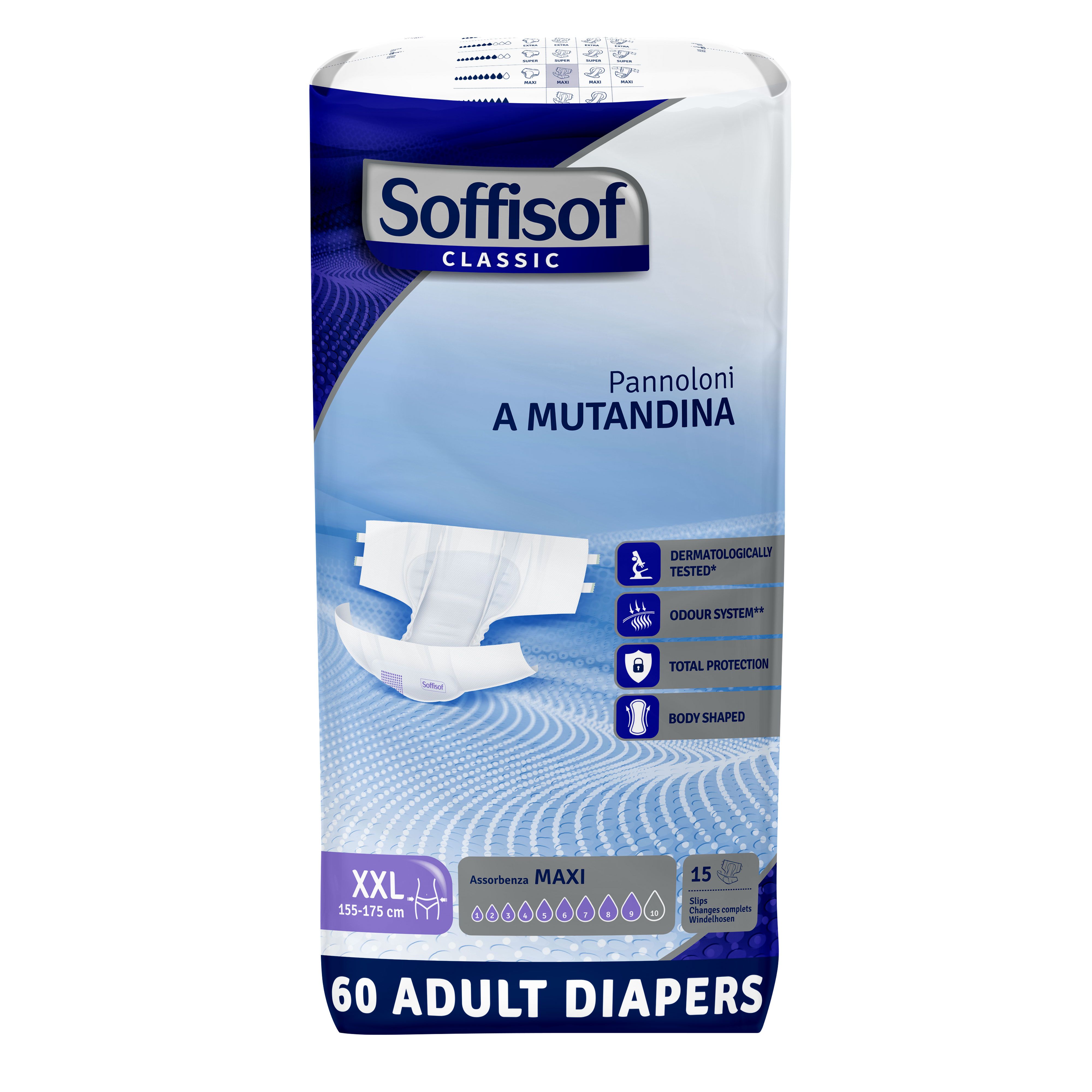 Soffisof Classic Maxi volwassen luiers, XXL, 60 stuks. Verpakking met productafbeelding en informatie.