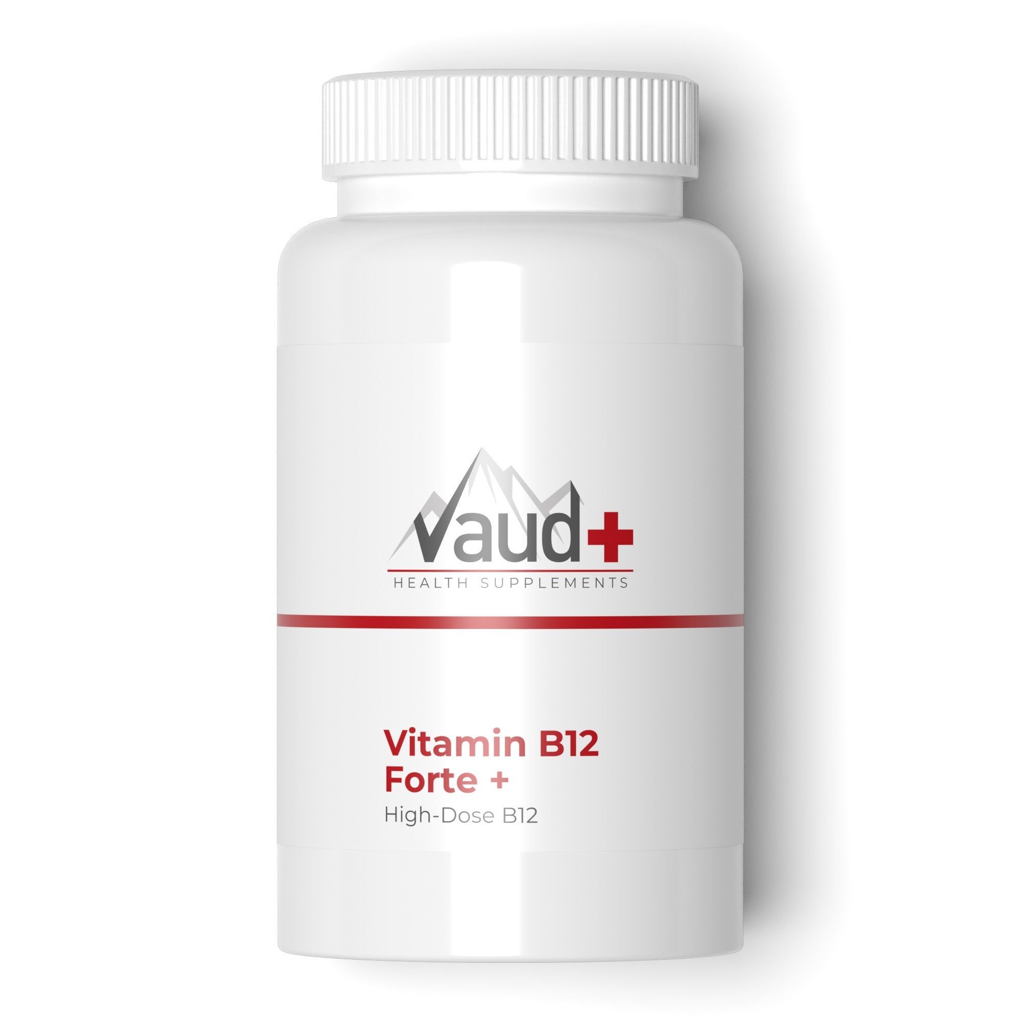 Weiße Flasche mit roter Banderole. Aufschrift: Vaud+ HEALTH SUPPLEMENTS, Vitamin B12 Forte + High-Dose B12.