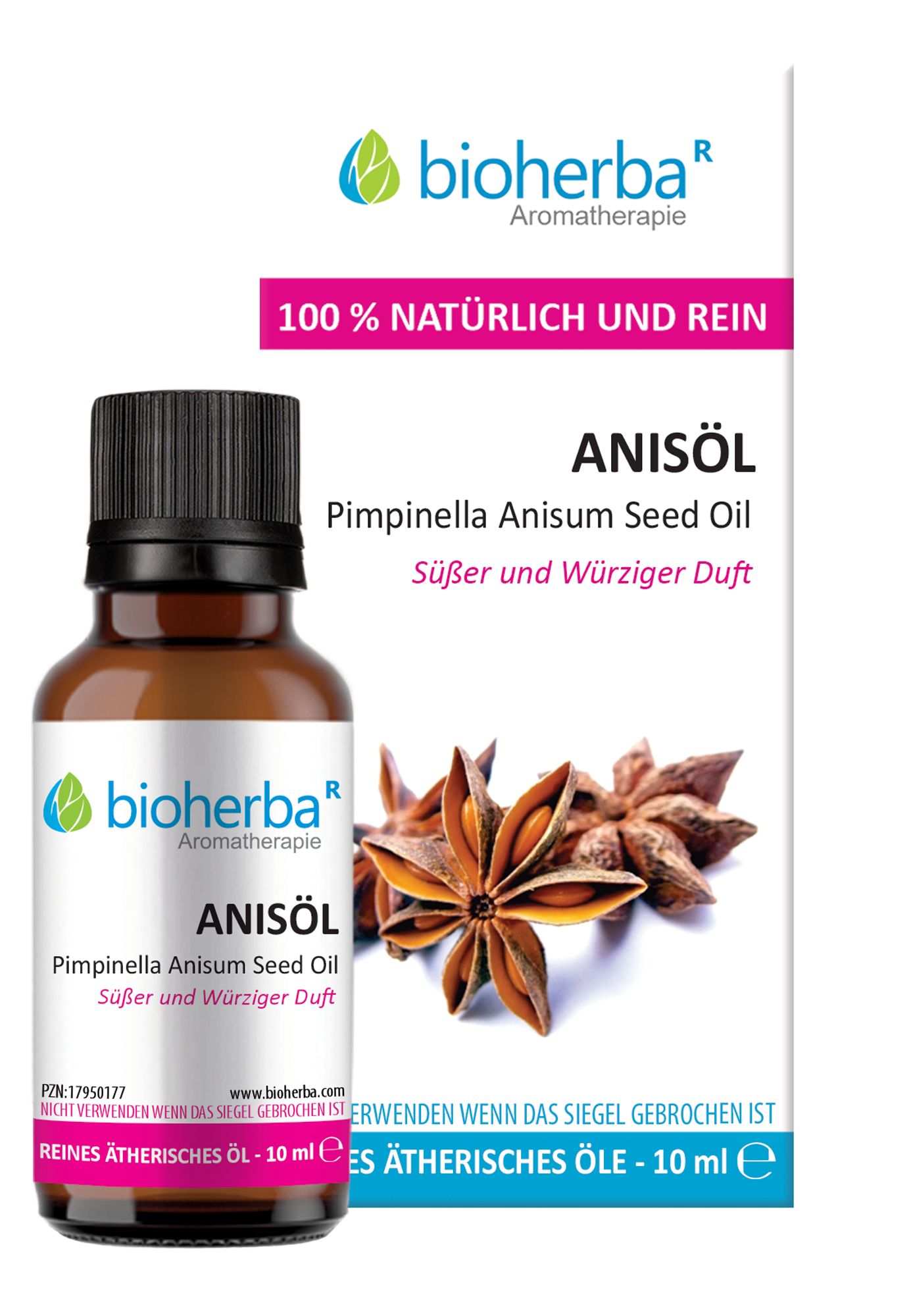 Braune Glasflasche mit schwarzem Deckel. Etikett mit Produktname Anisöl und Marke Bioherba. Daneben Sternanis.