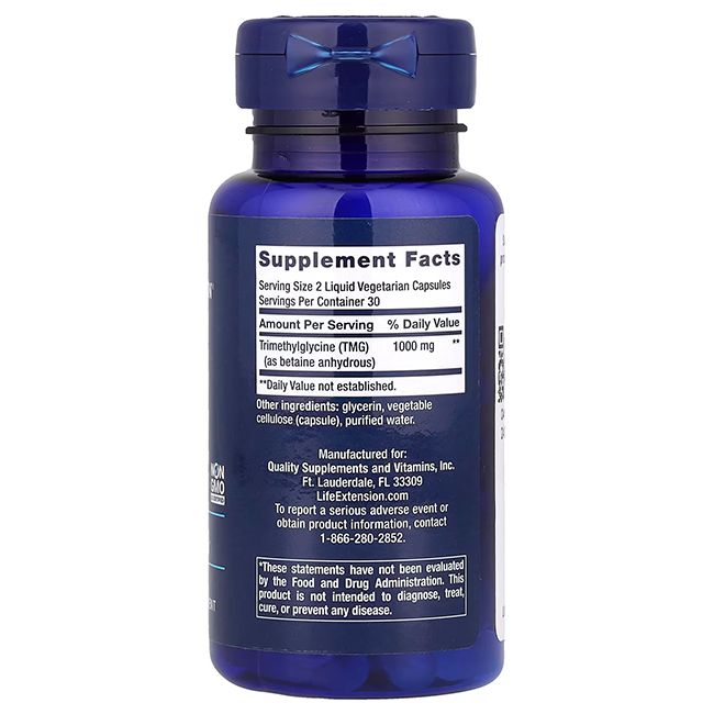 Rückseite der Flasche Life Extension TMG Trimethylglycin 500 mg mit Nährwertangaben.