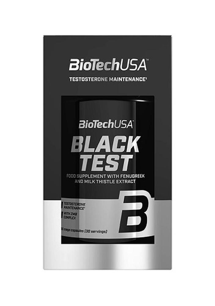 Schwarze Verpackung mit Produkt. Aufschrift: BioTechUSA BLACK TEST, Nahrungsergänzungsmittel. Enthält Bockshornklee und Mariendistel.