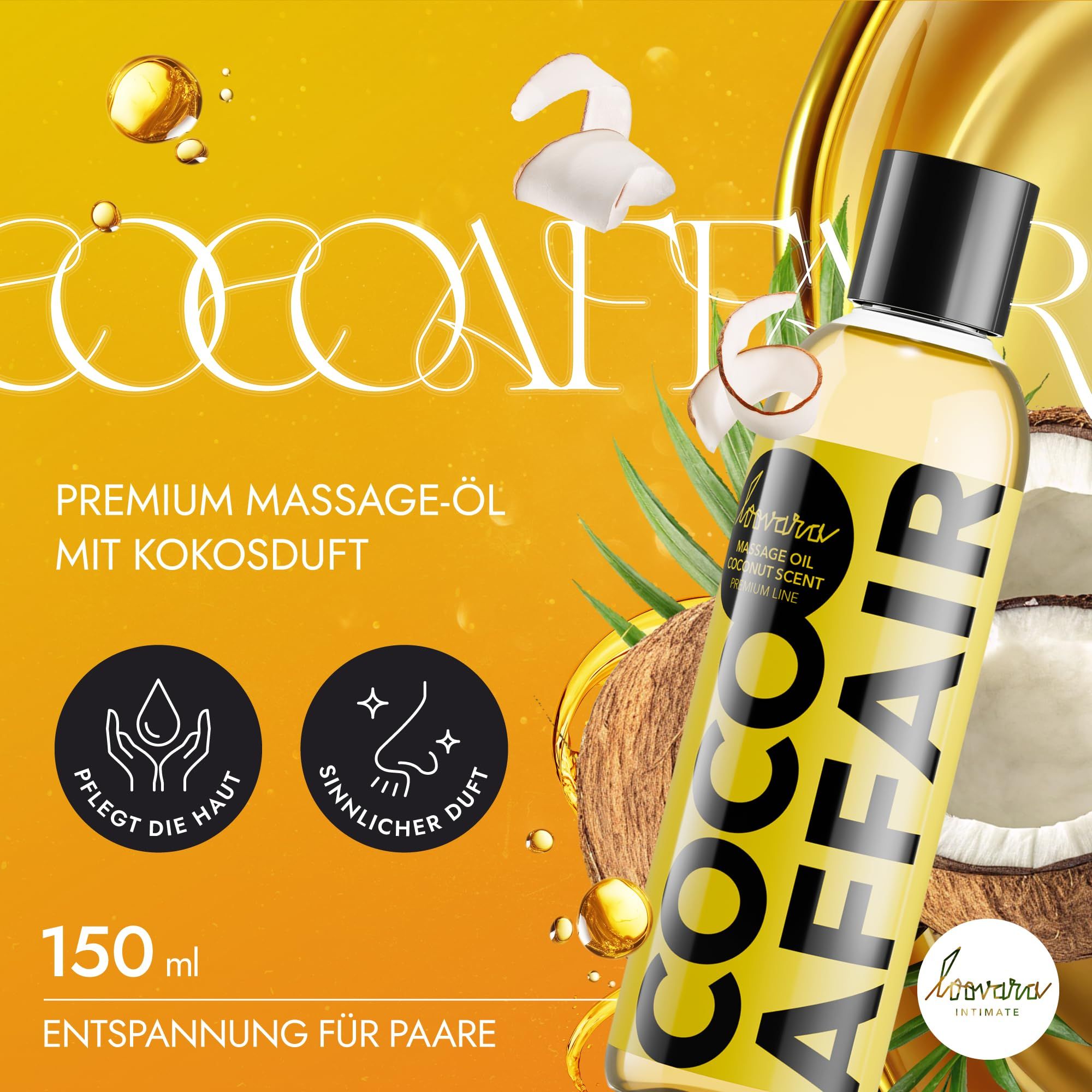 Massageöl 'Coco Affair' mit Kokosduft, 100% vegan, pflegt die Haut.