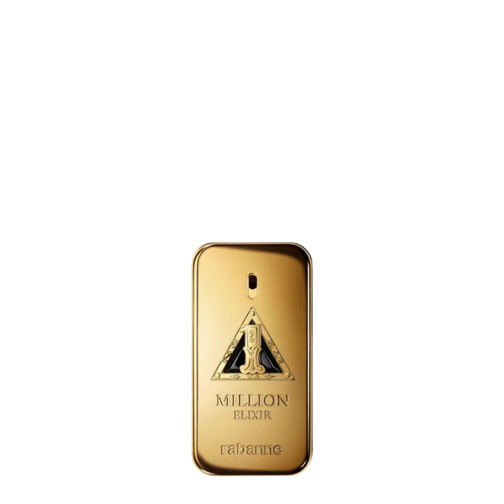 Goldfarbener Flakon. Aufschrift: Million Elixir. Marke: Paco Rabanne. Goldener Flakon.
