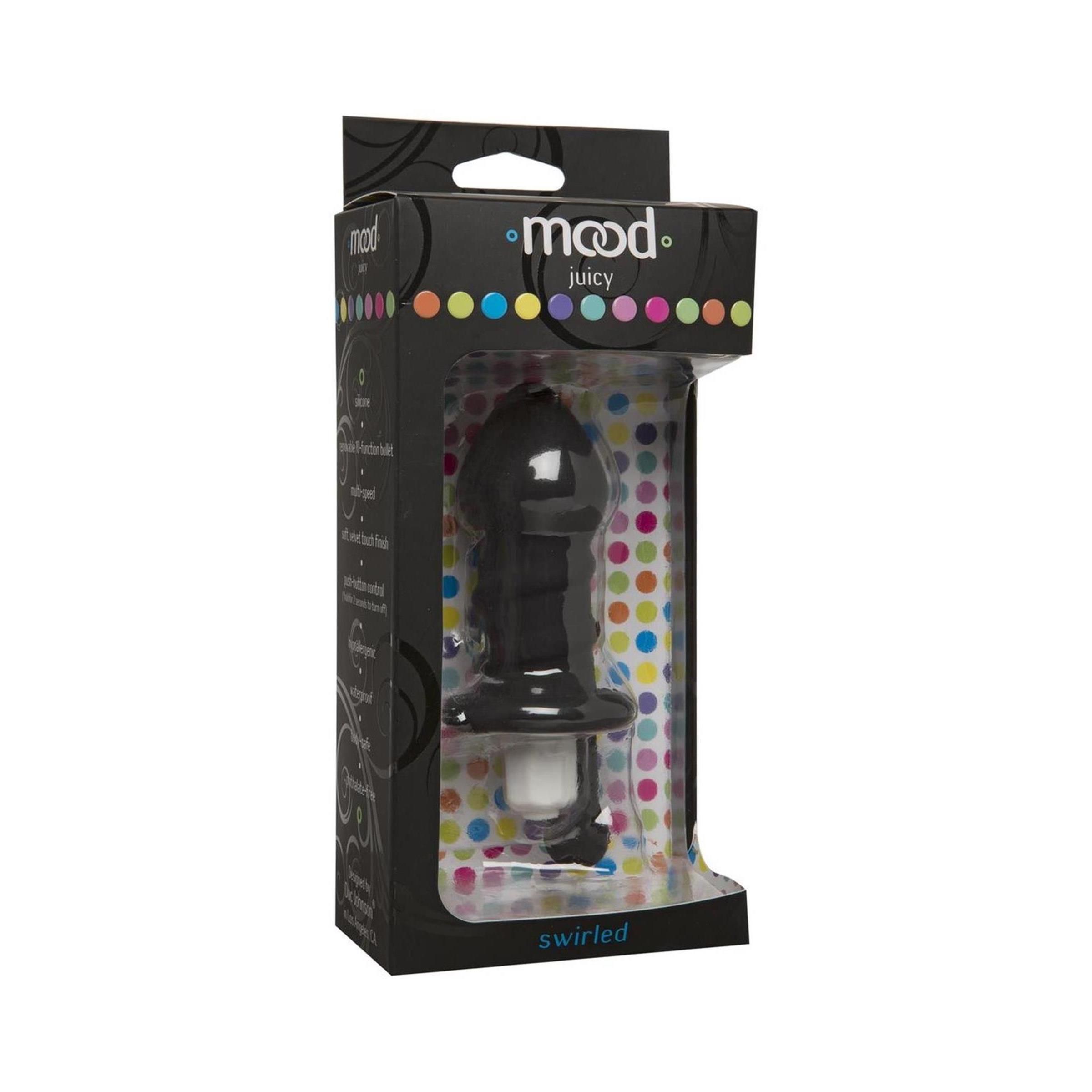 Schwarzer Butt Plug in Verpackung. Sichtbar: Marke Mood Juicy Swirled. Verpackung mit Sichtfenster.