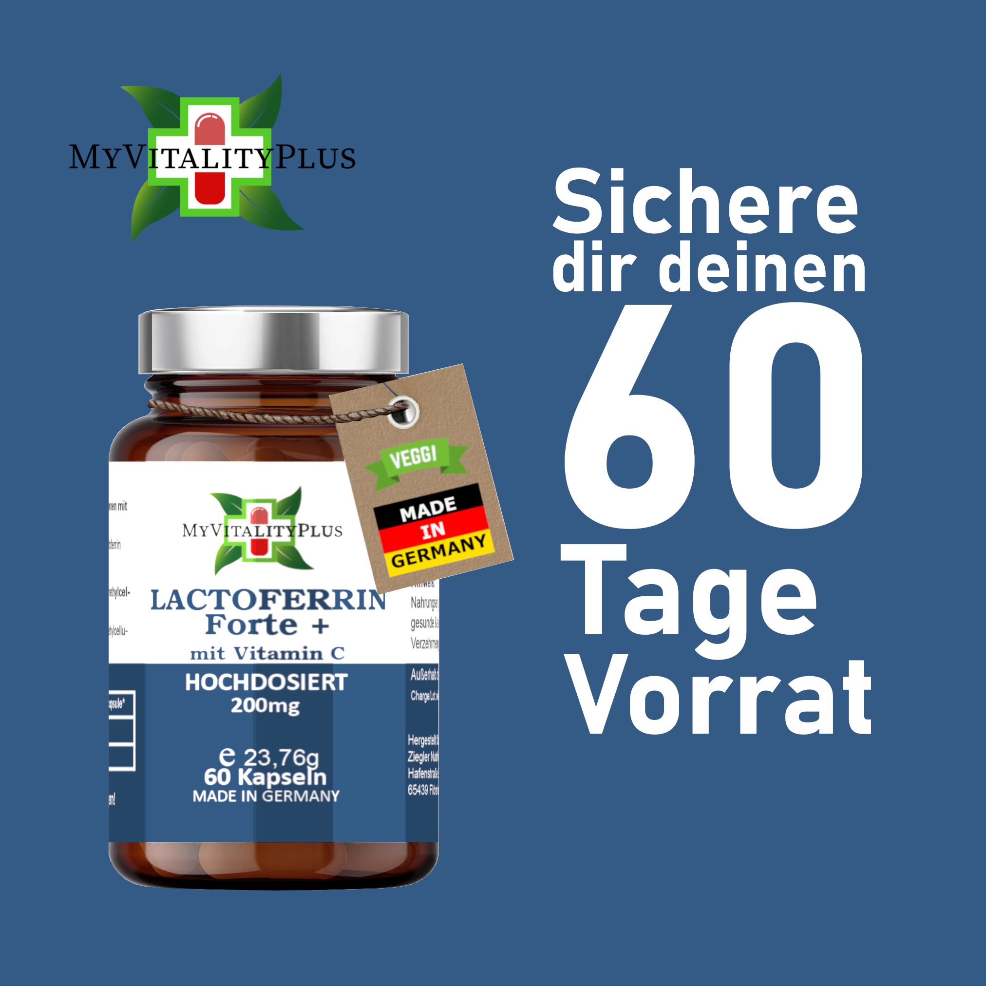Braune Glasflasche mit Kapseln und Anhänger. Aufschrift: Lactoferrin Forte + Vitamin C, 200mg, 60 Kapseln. Made in Germany. Veggi. 60 Tage Vorrat.