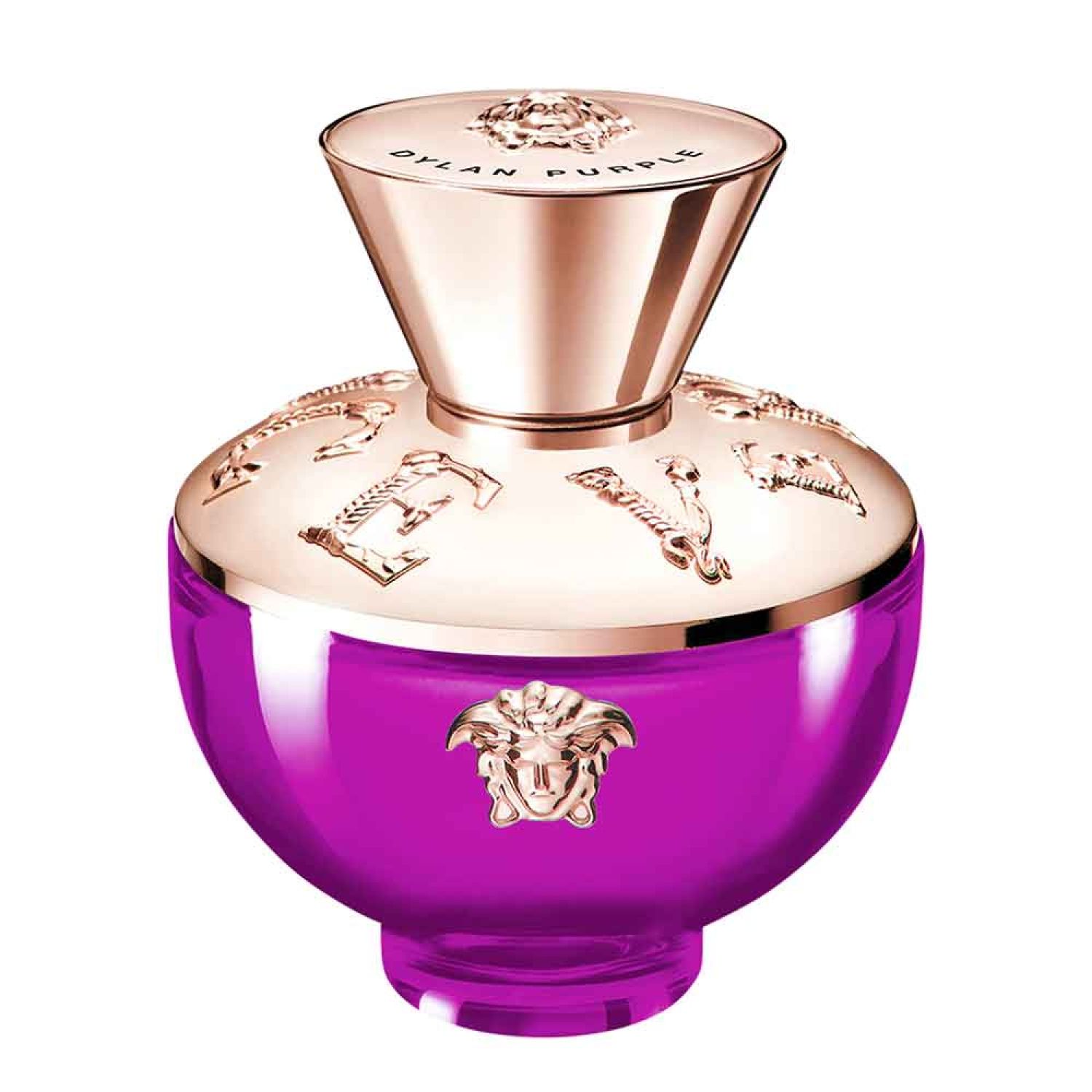 Runder, violetter Flakon mit goldfarbenem Deckel. Versace-Logo und Schriftzug 'Dylan Purple'.