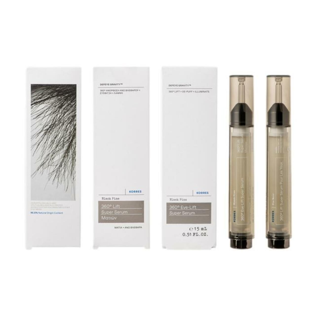 Zwei Fläschchen KORRES Black Pine 360° Augenlifting Super Serum mit Verpackung.