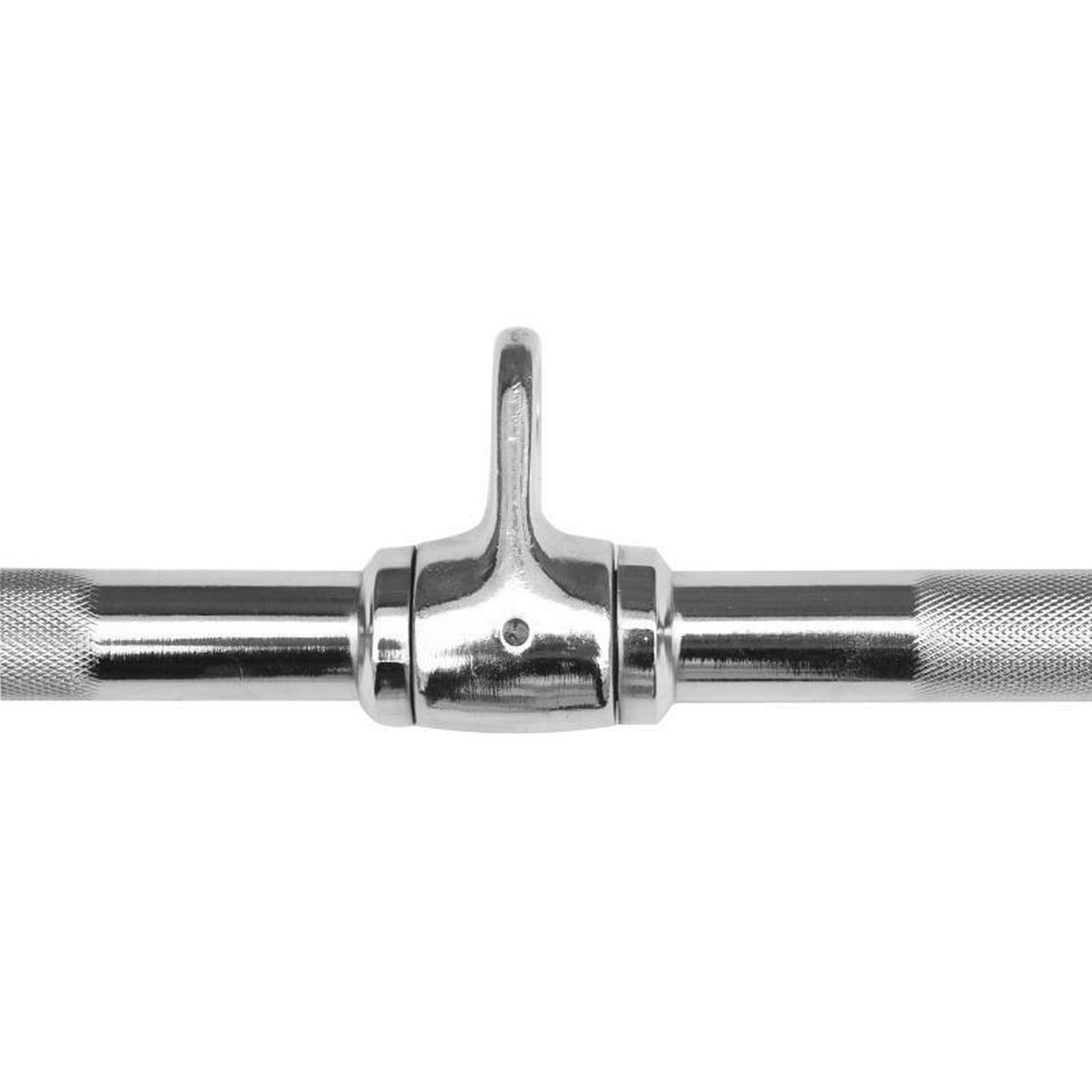 Nahaufnahme einer Latzugstange. Sichtbar: Drehgelenk, Metall, geriffelte Griffflächen. Haken zur Befestigung.