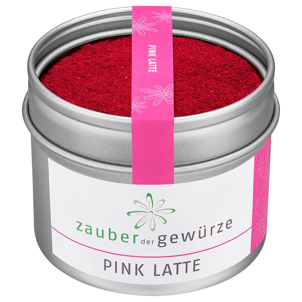 Runde Dose mit rosa Pulver. Aufkleber mit "Zauber der Gewürze Pink Latte". Rosa Band mit "Pink Latte".