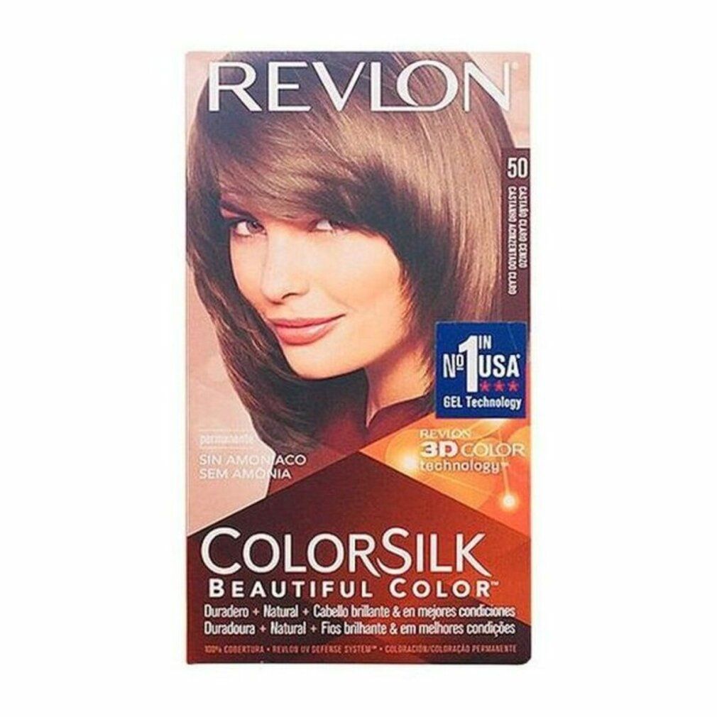 Revlon Colorsilk Haarfarbe, Farbton 50. Verpackung mit Abbildung einer Frau mit braunem Haar. Enthält 3D Color Gel Technologie. Ohne Ammoniak.