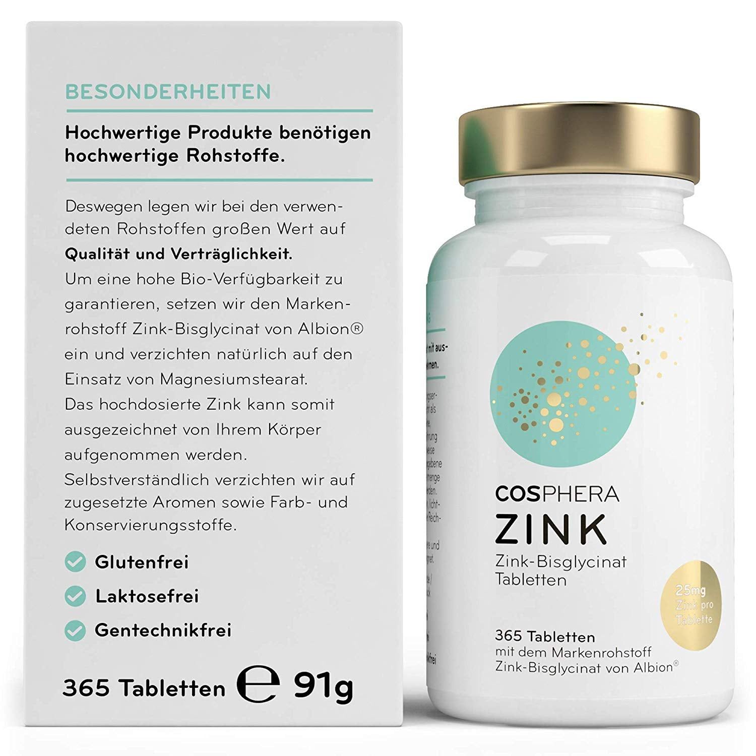 Cosphera Zink Tabletten: Flasche und geöffnete Packung mit Informationen zu Inhaltsstoffen und Vorteilen.