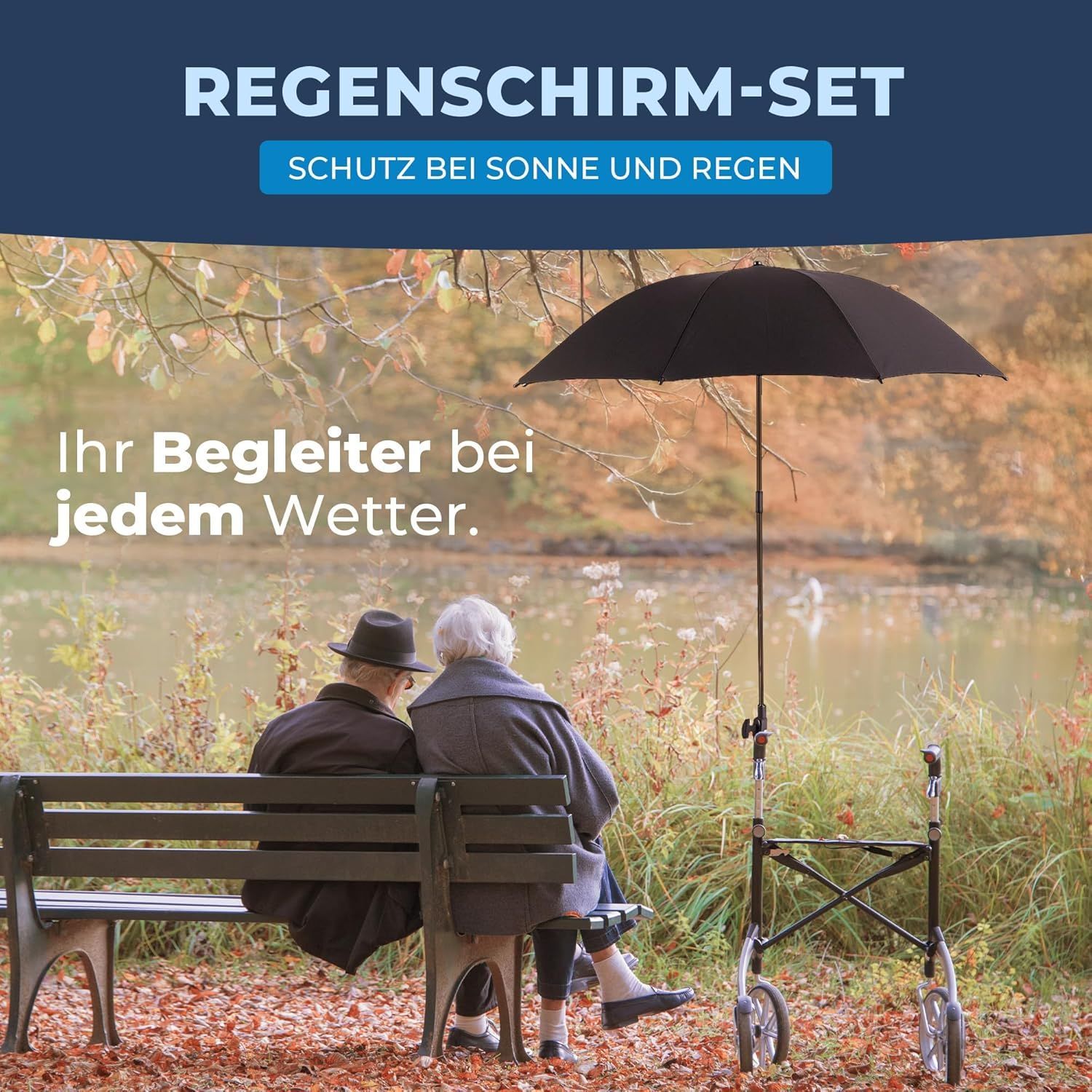 Rollator mit aufgespanntem schwarzem Regenschirm, daneben ein Paar auf einer Parkbank.