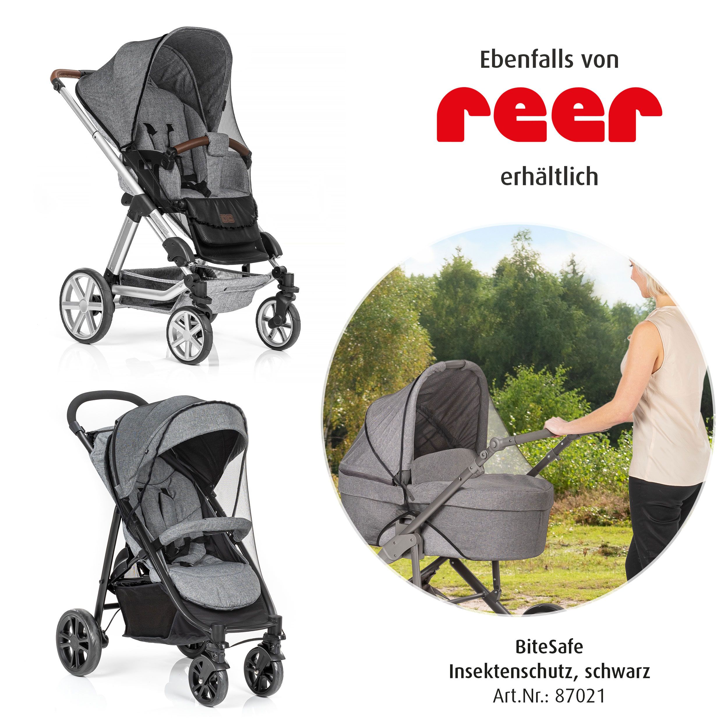 Drei Kinderwagen mit Insektenschutznetzen. Die Netze sind über den Kinderwagen gespannt. Der Markenname ist sichtbar.