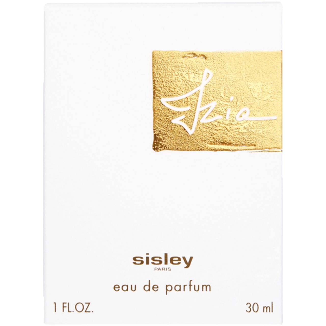 Weiße Verpackung mit goldenem Rechteck und Schriftzug "Izia". Darunter "Sisley Paris Eau de Parfum".