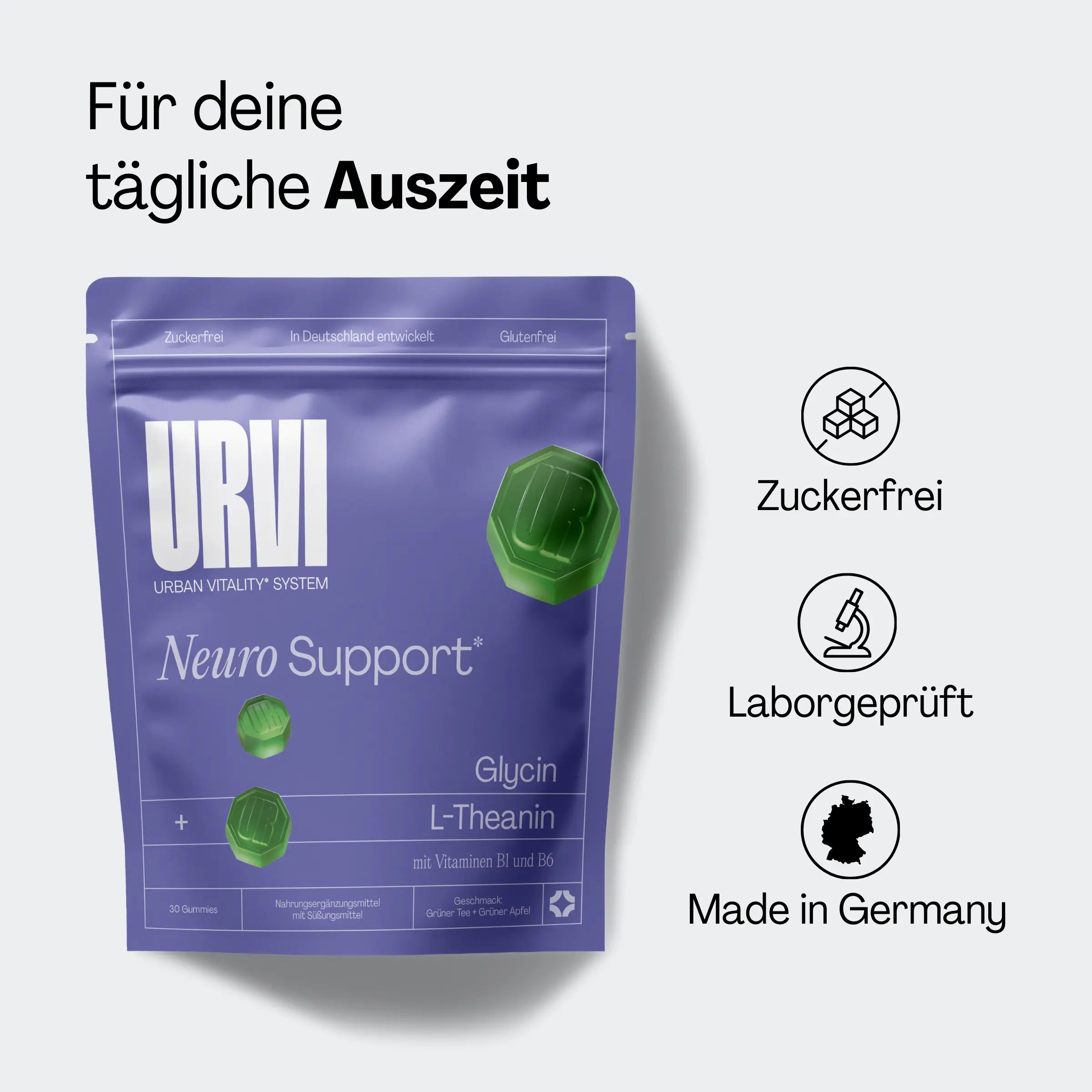 Lila Beutel mit URVI® Neuro Support. Enthält L-Theanin, Glycin, Vitamin B1 & B6. Zusätzliche Symbole.