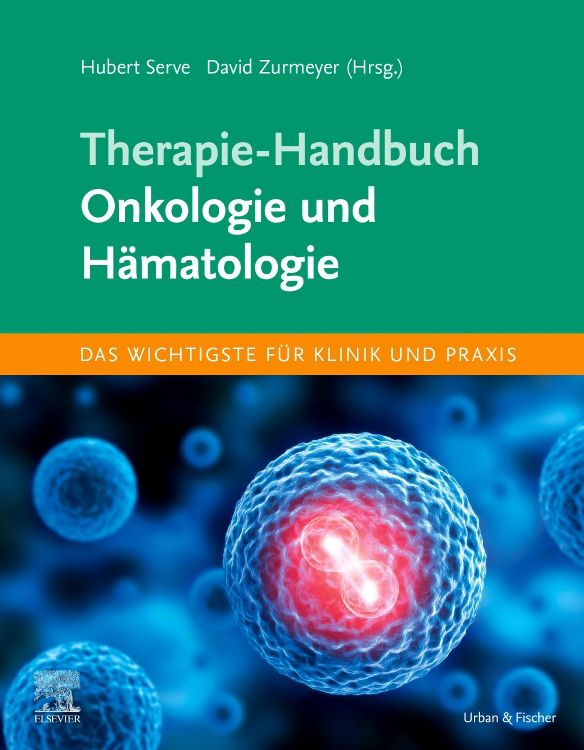 Buchcover: Therapie-Handbuch Onkologie und Hämatologie. Titel in Weiß auf grünem Hintergrund. Zellabbildung im Vordergrund.