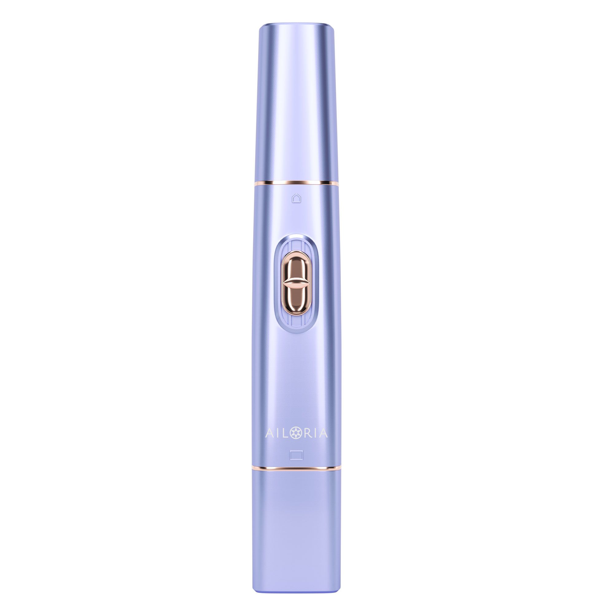AILORIA LIBERTY 2in1 Lipstick Rasierer. Lila-goldfarben. Zylindrische Form. Ein-Aus-Knopf. AILORIA-Schriftzug.