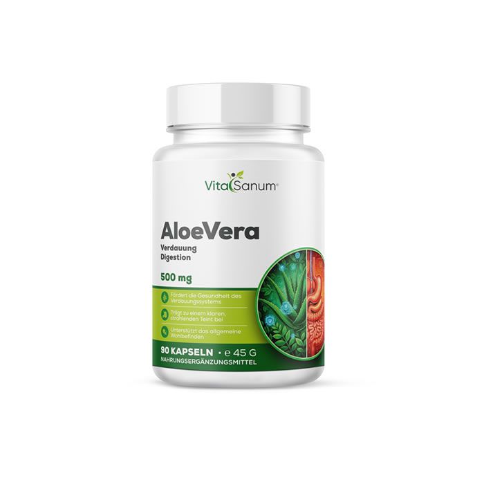 Weiße Flasche mit grün-weißem Etikett. Aufschrift: VitaSanum Aloe Vera, 500 mg, 90 Kapseln. Illustration von Aloe Vera und Organen.