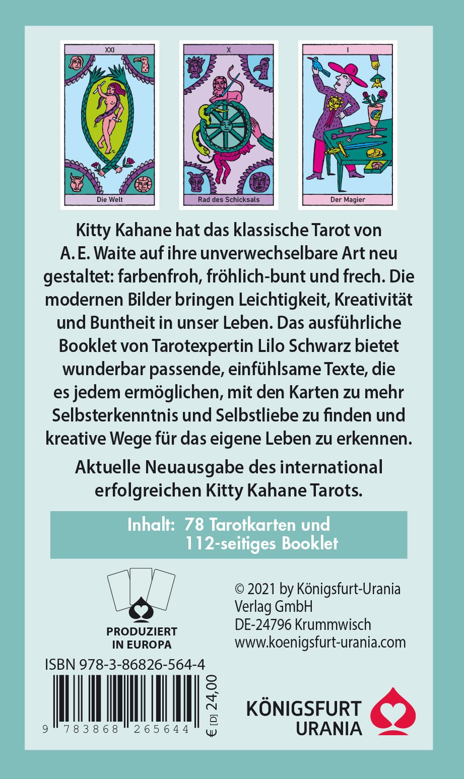 Rückseite der Tarotkarten. Text und Abbildungen von Karten. Logo "Königsfurt Urania".