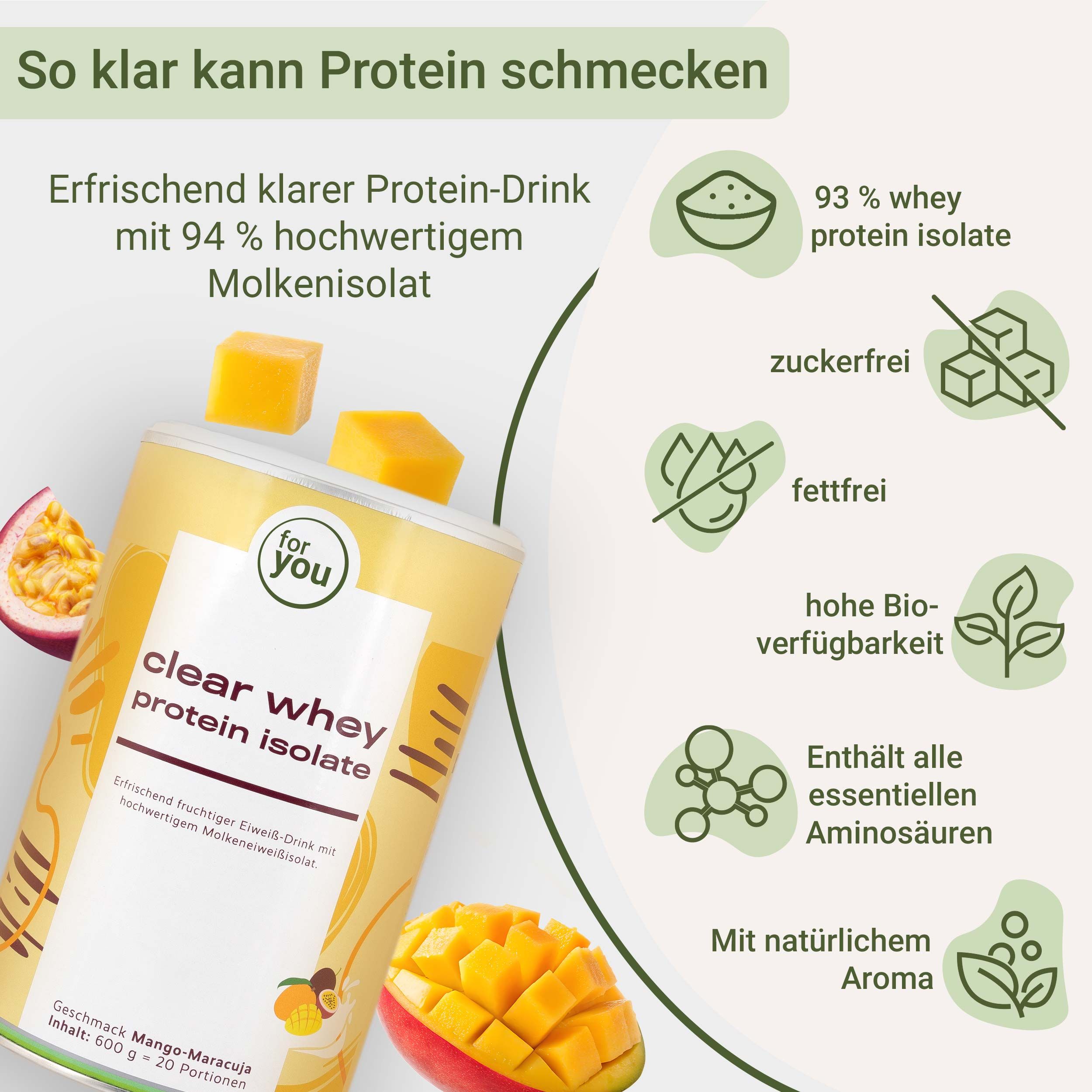 Dose Clear Whey Protein Isolate mit Mango-Maracuja-Geschmack. Icons zeigen 93% Whey Protein Isolate, zuckerfrei, fettfrei.