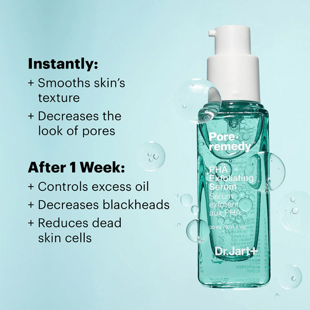 Grünes Serumfläschchen mit weißem Deckel. Aufschrift: Pore Remedy, PHA Exfoliating Serum. Text über Ergebnisse.