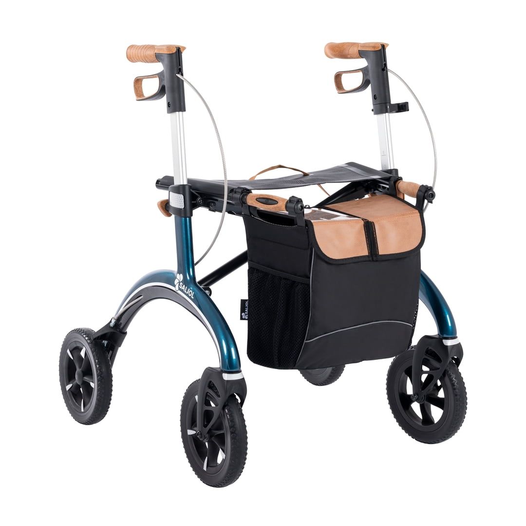 Blau-silberner Rollator mit vier Rädern, braunen Griffen und einer Tasche. Das Produkt hat das Saljol-Logo.