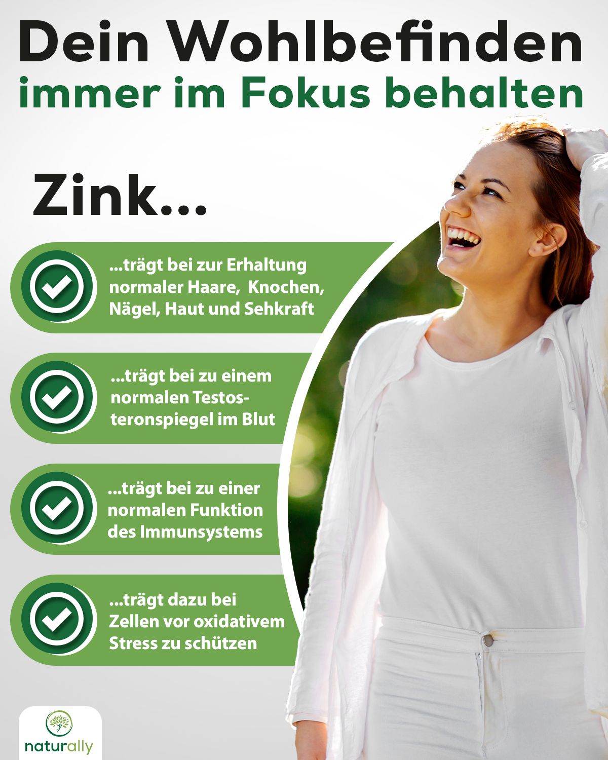 Frau lächelt. Text: Zink... trägt bei zur Erhaltung normaler Haare, Knochen, Nägel, Haut und Sehkraft.