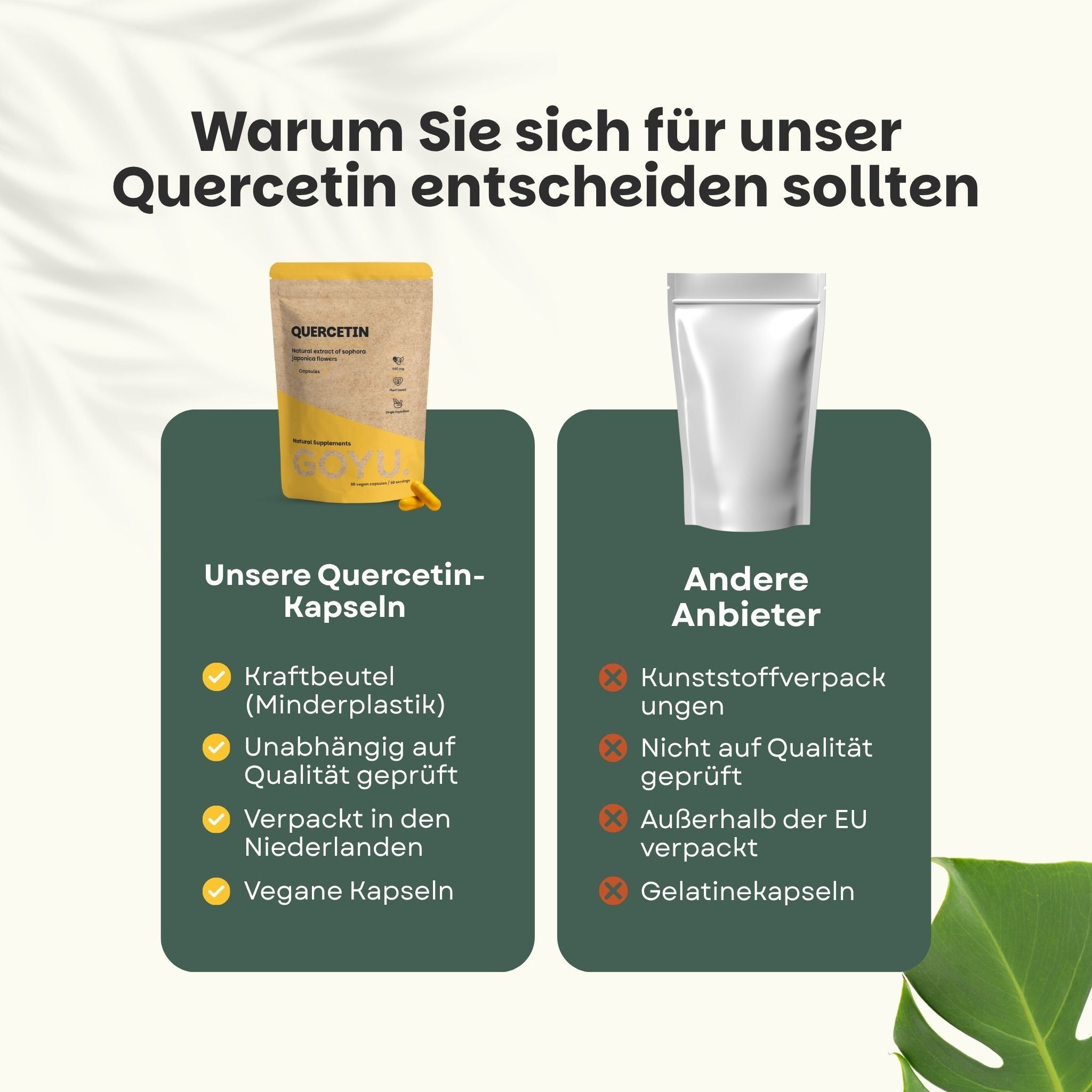 Verpackung mit Quercetin-Kapseln, 500 mg. Kundenbewertungen mit 4,7/5 Sternen und positiven Kommentaren.
