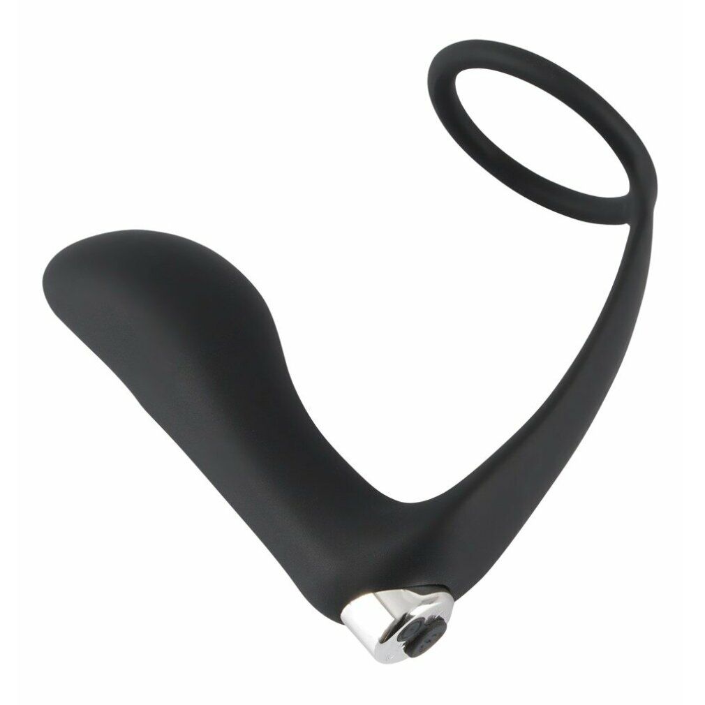 Schwarzer Penisring mit Analplug. Silikon, mit Ring und gebogener Form. Silberfarbener Knopf am Ende.