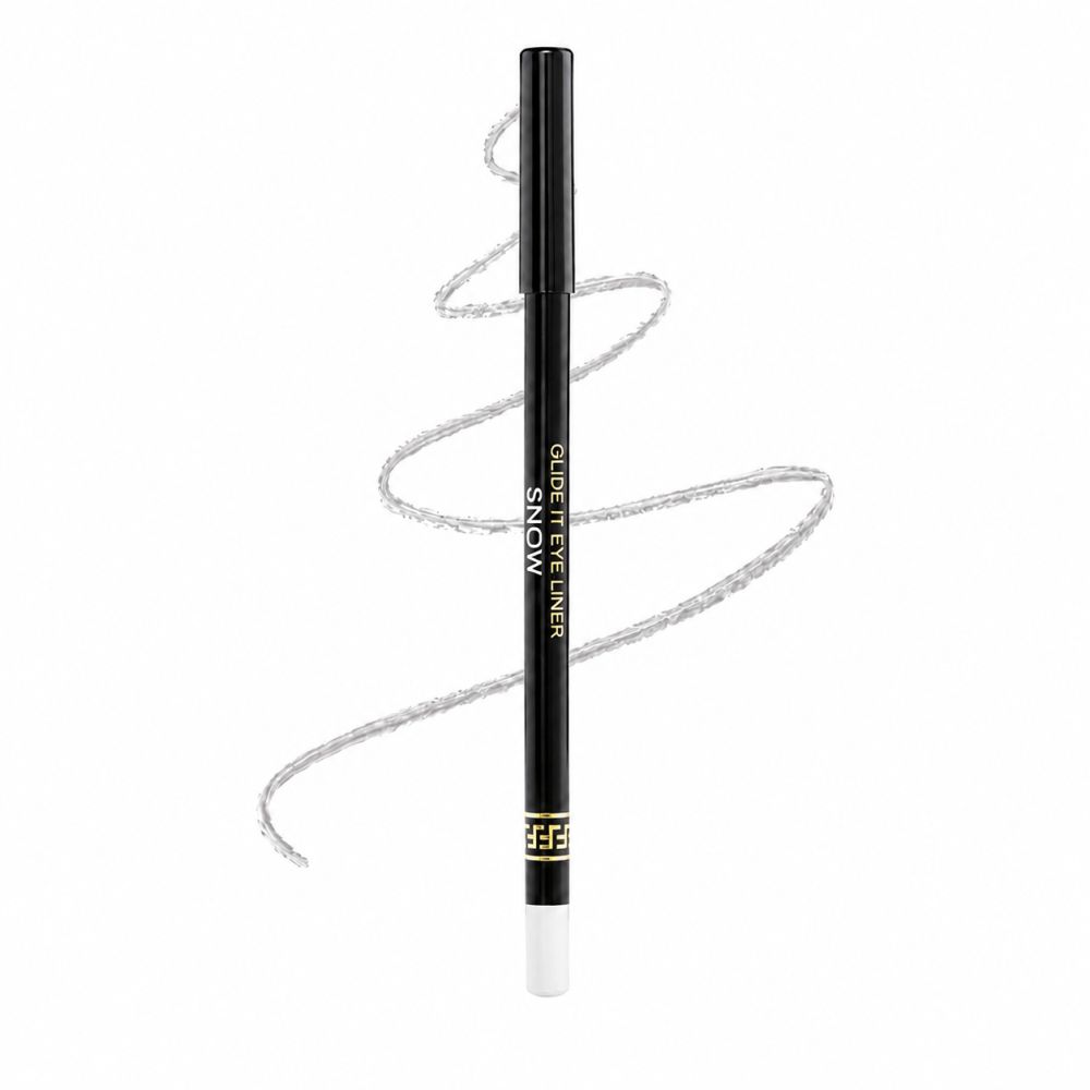 Schwarzer Eyeliner-Stift mit silbernem Aufdruck 'GLIDE IT EYE LINER SNOW'. Weiße Spitze und silberner Strich.