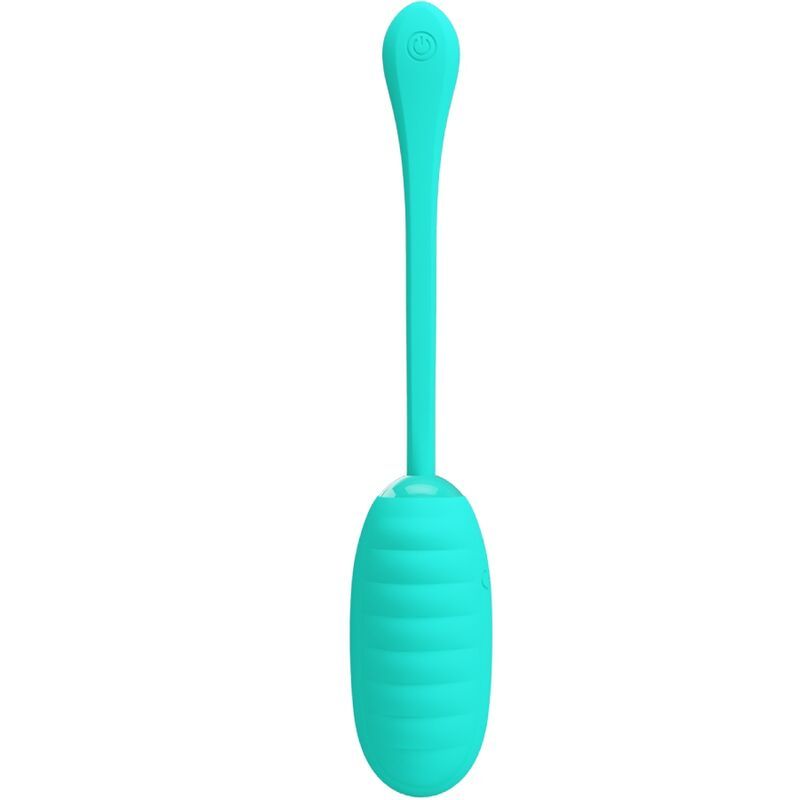 Türkisfarbenes, eiförmiges Produkt mit geriffelter Oberfläche und langem, flexiblem Stiel. Oben am Stiel befindet sich ein Knopf.