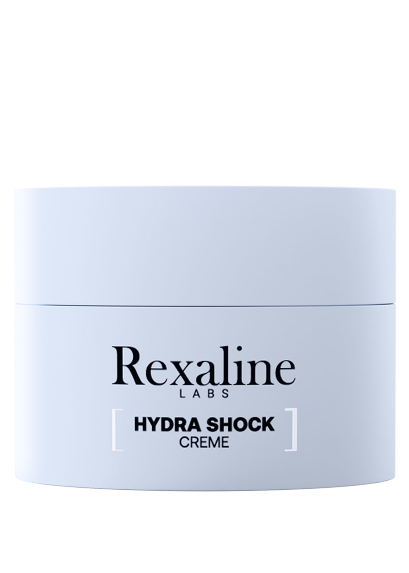Hellblaue Creme-Dose mit schwarzem Schriftzug Rexaline LABS. Darunter HYDRA SHOCK CREME in Schwarz. Weißer Hintergrund.